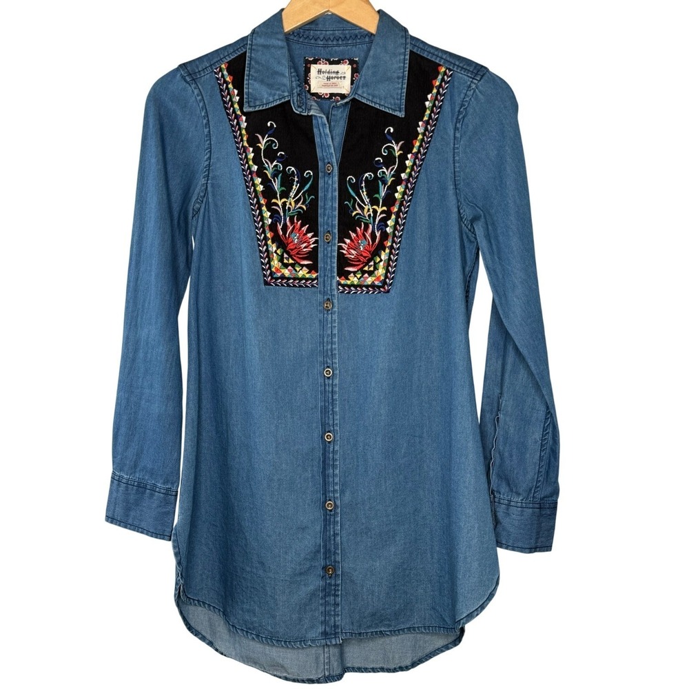 Anthropologie Holding Horses Denim Boho Chic Embroidered Western Shirt Top‎ Sz 0